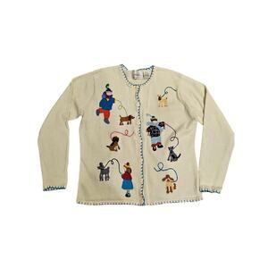 In stitches eagle eye cardigan sweater large embroidered winter dogs snow